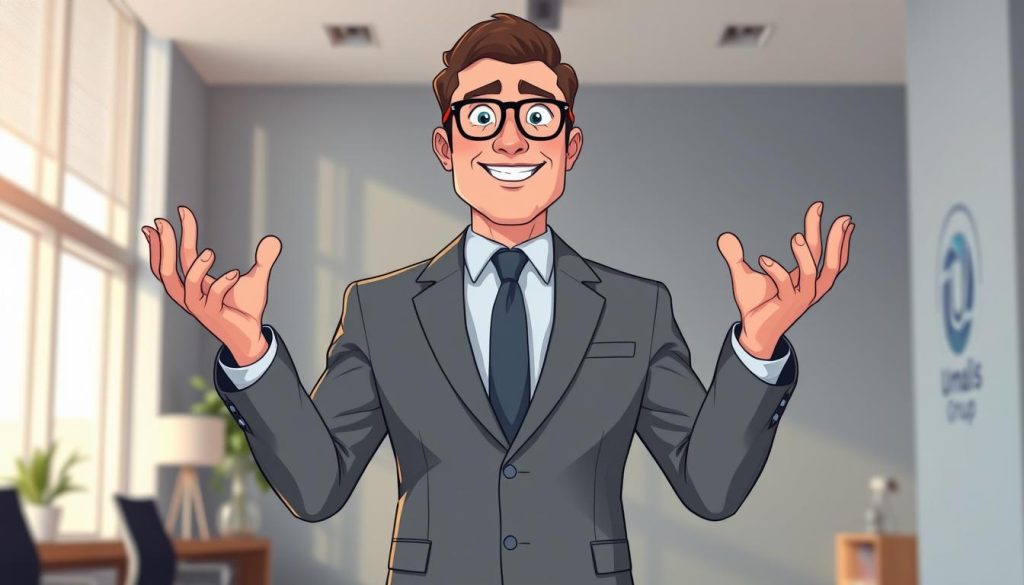 A professional business person, dressed in a sleek gray suit, stands in a modern office setting, showcasing their nonverbal communication skills. Hands gesticulate expressively, facial features convey confidence and engagement, and posture exudes an air of authority. Soft, directional lighting from a large window highlights the subject, creating an atmosphere of professionalism and poise. In the background, the Umalis Group logo is subtly visible, lending an air of credibility to the scene.