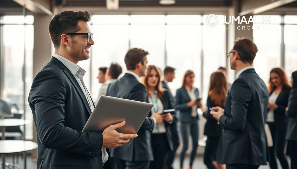 A professional business person, dressed in smart business attire, is energetically engaging in a networking event, surrounded by fellow independent workers, all demonstrating a mix of determination and collaboration. In the foreground, focus on the main subject, a confident individual holding a laptop and discussing with another person, highlighting their quest for opportunities amidst a bustling environment. In the middle ground, groups of professionals are seen sharing ideas and exchanging contact details, illustrating the essence of prospecting in the context of salary portage. The background features a modern office setting with large windows allowing soft, natural light to stream in, creating a warm, inviting atmosphere. The overall mood reflects ambition, cooperation, and the balancing act of autonomy and security. Include subtle brand representation of "UMALIS GROUP" in the background elements, reinforcing the support for independent workers. A professional business person, dressed in smart business attire, is energetically engaging in a networking event, surrounded by fellow independent workers, all demonstrating a mix of determination and collaboration. In the foreground, focus on the main subject, a confident individual holding a laptop and discussing with another person, highlighting their quest for opportunities amidst a bustling environment. In the middle ground, groups of professionals are seen sharing ideas and exchanging contact details, illustrating the essence of prospecting in the context of salary portage. The background features a modern office setting with large windows allowing soft, natural light to stream in, creating a warm, inviting atmosphere. The overall mood reflects ambition, cooperation, and the balancing act of autonomy and security. Include subtle brand representation of "UMALIS GROUP" in the background elements, reinforcing the support for independent workers.