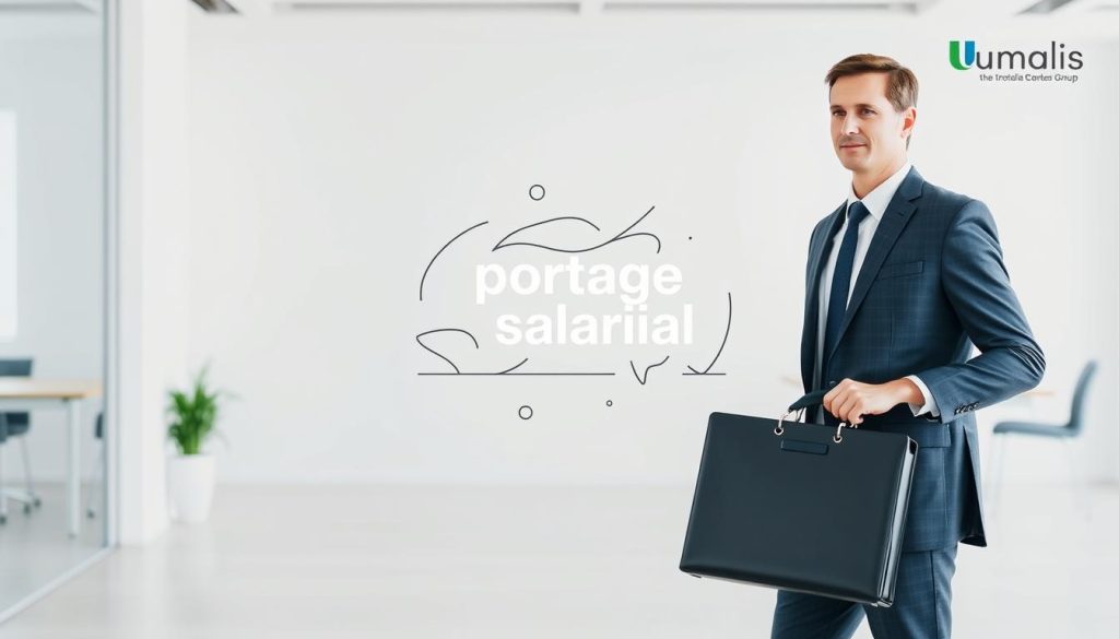 A professional business person in a crisp suit, carrying a laptop case, stands in the foreground, conveying a sense of mobility and adaptability. In the middle ground, an abstract graphic or illustration depicting the concept of "portage salarial," with dynamic shapes and lines representing the flexibility of employment arrangements. The background features a minimalist office environment, with clean lines, neutral colors, and subtle hints of the Umalis Group brand identity.