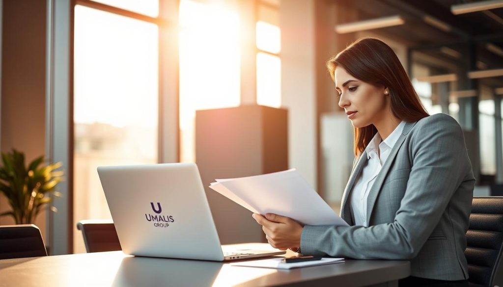 A professional business person in a modern office setting, holding documents and engaging in a video call with a laptop. The scene features the Umalis Group logo prominently displayed on the desk. Warm, natural lighting filters through large windows, creating a sense of professionalism and productivity. The background showcases sleek, minimalist office decor, emphasizing the opportunities available through specialized staffing platforms for temporary work assignments.