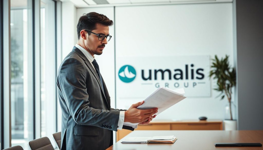 A professional business person in a modern office, standing at a desk and reviewing documents related to "portage salarial". The environment is bright, with large windows and clean, minimalist decor. The person is wearing a well-tailored suit and has a serious, focused expression. In the background, the Umalis Group logo is prominently displayed, indicating this is a service offered by that company. The lighting is natural, with soft shadows and highlights that accentuate the subject's features. The overall mood is one of professionalism and expertise in the field of "portage salarial".