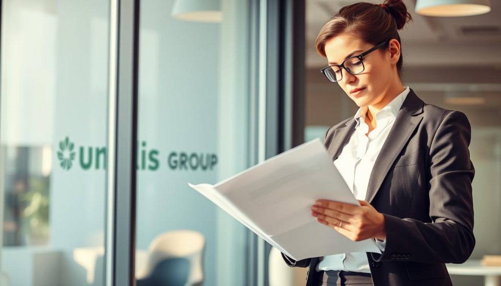 A professional business person in a smart casual outfit stands in a modern office, examining paperwork related to "portage salarial" - a concept of providing temporary employees or freelancers with benefits typically reserved for permanent staff. The lighting is warm and natural, creating a sense of professionalism and productivity. In the background, the Umalis Group logo is subtly visible, indicating this is a service they provide. The scene conveys the reliable and streamlined process of finding temporary work opportunities through a "portage salarial" arrangement.