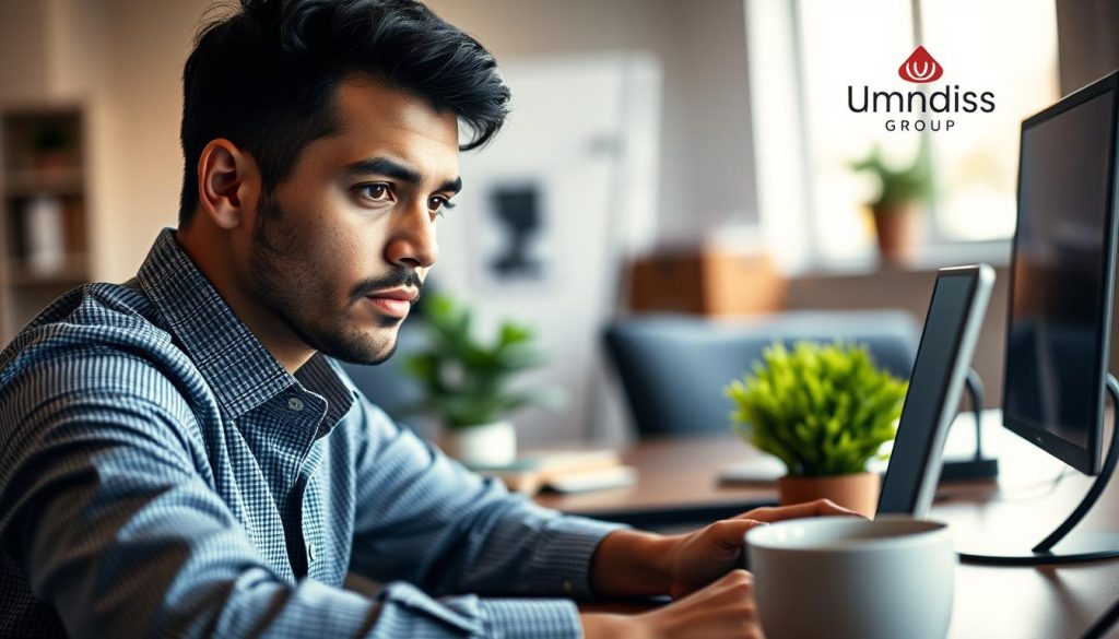 A professional business person in a well-lit office, focusing intently on a laptop screen, surrounded by the Umalis Group branding. The foreground features a confident, determined expression, while the middle ground showcases a tidy, organized workspace with a potted plant and a mug of coffee. The background is softly blurred, creating a sense of depth and professionalism. The overall atmosphere conveys a successful, productive, and fulfilling experience in the world of freelance work.