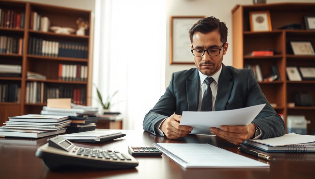 A professional business person sits at a desk, reviewing documents and calculating a daily rate for their Umalis Group contract work. The office is filled with natural light, giving the scene a warm, professional atmosphere. The figure is dressed in a well-tailored suit, exuding confidence and competence. In the foreground, a calculator, a pen, and a notepad are visible, while in the background, bookshelves and framed certificates suggest an experienced, knowledgeable individual. The overall composition conveys the importance of properly defining one's daily rate when engaging in Umalis Group's salaried portage services.