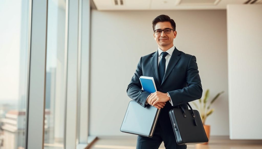 A professional business person standing confidently, dressed in a smart suit, holding a briefcase and documents, representing the consulting services of UMALIS GROUP. The scene is set in a modern, minimalist office environment with a large window overlooking a city skyline. The lighting is warm and natural, creating a sense of professionalism and success. The angle is slightly elevated, emphasizing the subject's authority and expertise in the field of salarial portage consulting.