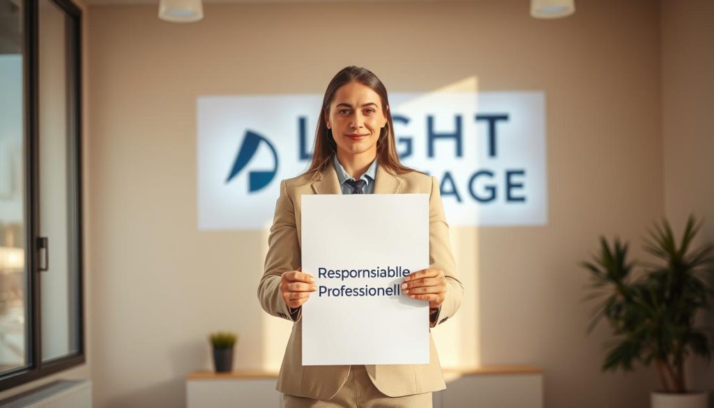 A professional business person standing confidently, holding a document labeled "Assurance Responsabilité Civile Professionnelle" while the LIGHT PORTAGE logo is prominently displayed in the background. The scene is lit by warm, natural light, creating a sense of security and trust. The composition is balanced, with the subject positioned in the center, surrounded by a clean and modern office setting. The image conveys the idea of professional liability insurance as a key protection offered by the LIGHT PORTAGE brand.