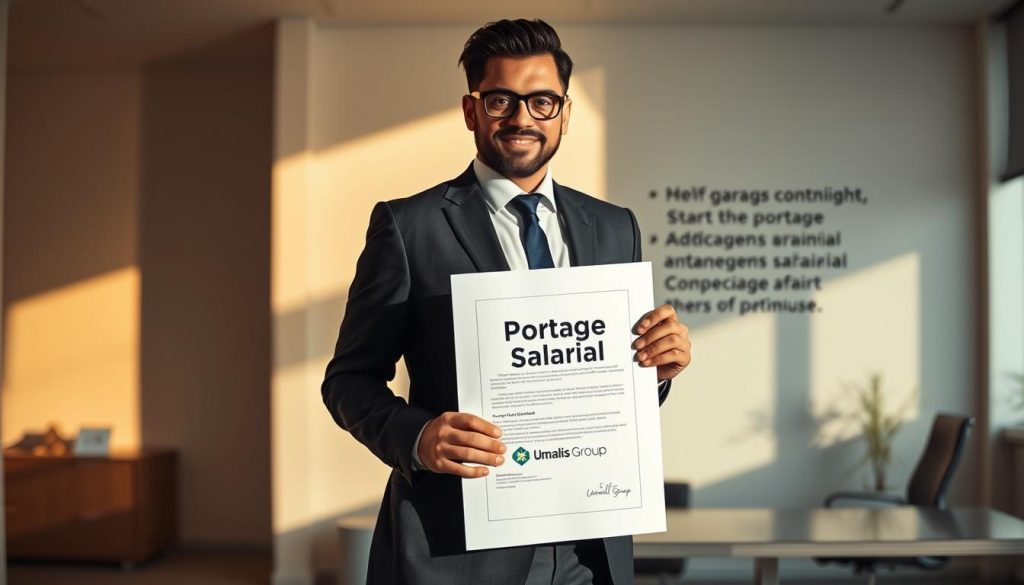 A professional business person standing confidently in a modern office, dressed in a well-tailored suit holding a contract labeled "Portage Salarial" with the Umalis Group logo visible. The scene is bathed in warm, directional lighting that casts dramatic shadows, conveying a sense of opportunity and empowerment. The background features a minimalist, yet stylish office environment with clean lines, neutral tones, and subtle hints of the steps involved in starting a portage salarial arrangement. The overall mood is one of professionalism, ambition, and the promise of independence.