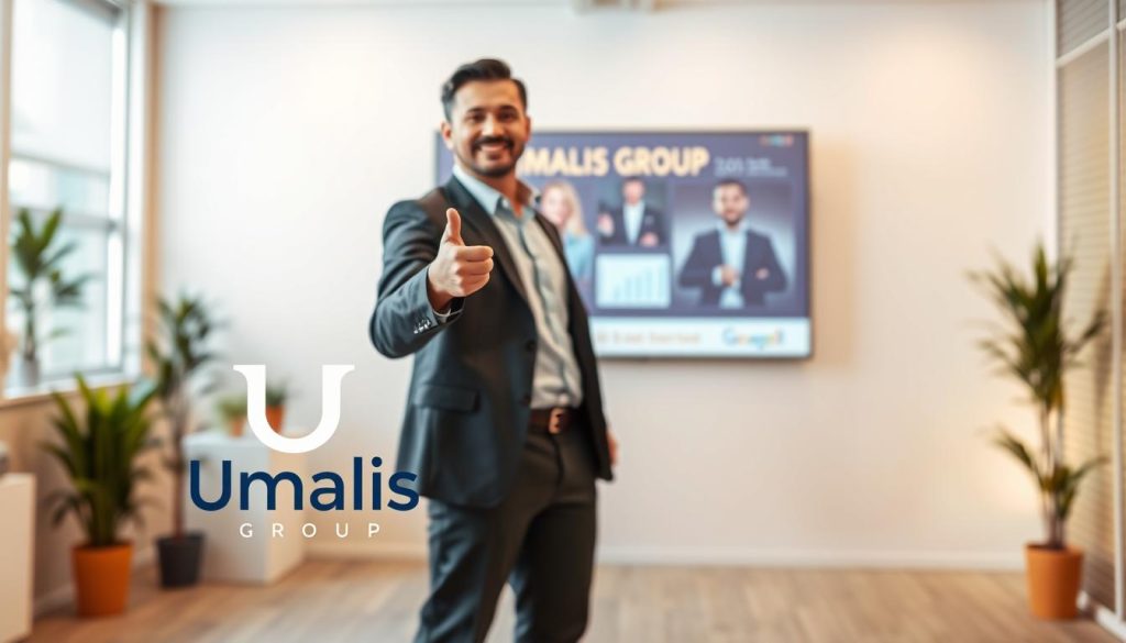 A professional business person standing confidently in a modern office setting, showcasing their diverse skillset. The foreground features the Umalis Group logo, symbolizing their expertise in the field of portage salarial. The middle ground depicts the individual gesturing towards a projected display, highlighting their presentation abilities and adaptability. The background blurs into a clean, minimalist workspace, evoking a sense of focus and productivity. Warm, directional lighting illuminates the scene, creating a polished and aspirational atmosphere. The overall composition conveys the individual's strong professional competencies and their ability to navigate the portage salarial landscape.