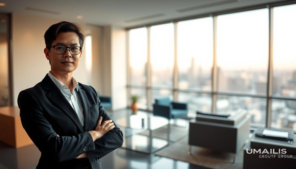A professional business person standing confidently in a transitional setting, representing the "Umalis Group" brand. The scene depicts a modern, well-lit office environment with sleek, minimalist furnishings. The subject is positioned in the foreground, their expression and body language conveying a sense of purpose and determination. The middle ground features a large window overlooking a cityscape, symbolizing the expansive possibilities of career growth. The background has a subtle, blurred effect, creating a sense of depth and focus on the central figure. The overall mood is one of professionalism, optimism, and the successful navigation of a career transition.