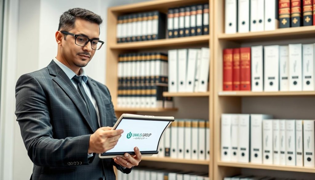 A professional business person standing confidently in a well-lit office, reviewing training materials on a tablet against a backdrop of a bookshelf filled with legal documents. The scene conveys a sense of knowledge, expertise, and the importance of ongoing professional development. The Umalis Group logo is subtly displayed on the tablet's screen, highlighting the company's commitment to employee training and growth.