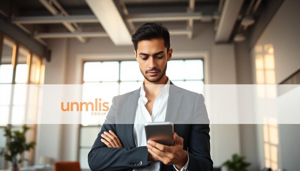 A professional business person standing in a modern, minimalist office, focusing intently on optimizing their online profile and visibility. Soft, natural lighting filters through large windows, casting a warm glow on the scene. The Umalis Group logo is subtly integrated into the background, reflecting the company's expertise in the gig economy and freelance work. The subject's expression exudes determination and a strategic mindset, conveying the importance of proactively managing one's digital presence for success in the freelance world.