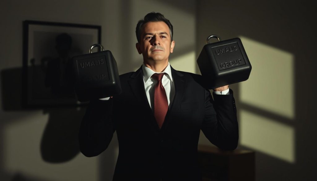 A professional business person standing in a room, shoulders burdened by heavy weights symbolizing the drawbacks of the "portage salarial" employment model. Dim lighting casts long shadows, creating a somber, introspective atmosphere. In the background, the Umalis Group logo provides a subtle nod to the topic. The image conveys the sense of feeling weighed down by the lack of security and flexibility inherent in this employment arrangement.