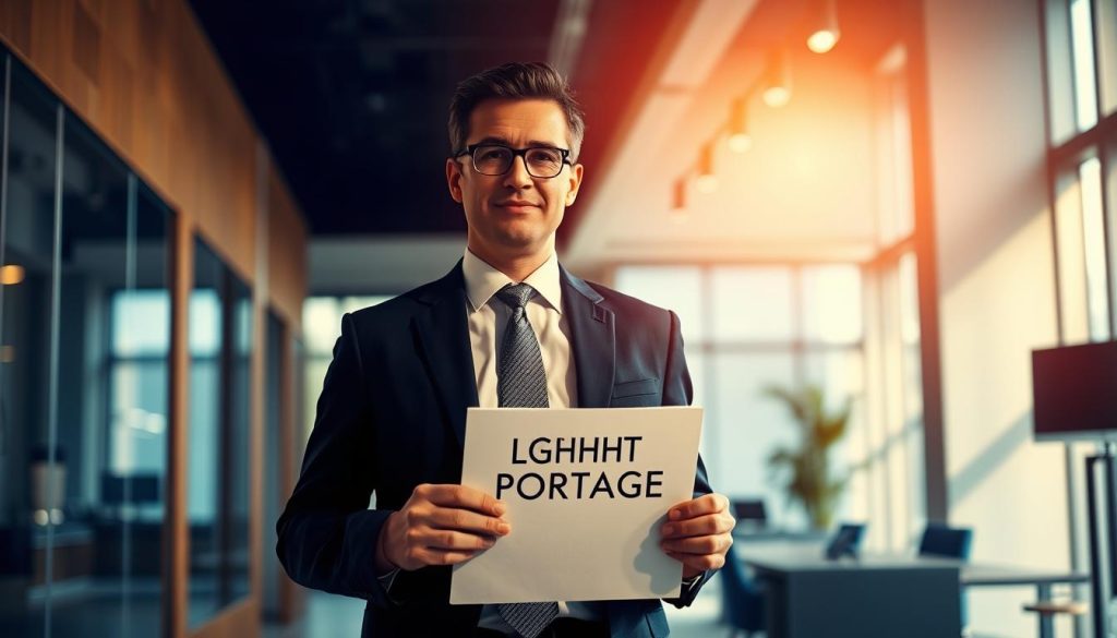 A professional business person standing in a stylish office environment, wearing a sharp suit and tie. The scene is bathed in warm, directional lighting that casts subtle shadows, creating a sense of depth and drama. In the foreground, the individual is holding a document labeled "LIGHT PORTAGE", representing the core concept of "portage salarial" or employee contracting. The background features modern architecture and furnishings, conveying a sense of professionalism and the corporate world. The overall mood is one of confidence, stability, and the successful execution of this employment model.