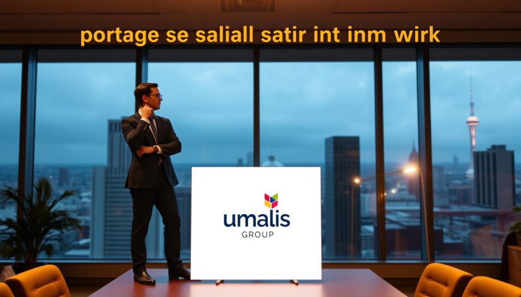 A professional business person standing in a thoughtful pose, representing the advantages and disadvantages of portage salarial and interim work. The scene is set in a modern office environment, with a large window overlooking a cityscape in the background. Warm, directional lighting illuminates the subject, creating a pensive mood. The Umalis Group logo is subtly displayed on a desk or wall in the mid-ground. The image reflects the key considerations for workers when choosing between these employment models.