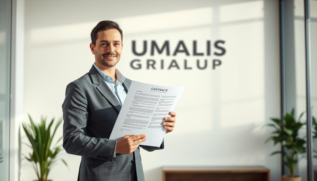 A professional business person standing in a well-lit office, holding a contract and papers, symbolizing the responsibilities and obligations of a salarial portage service. The background features the UMALIS GROUP logo, highlighting the company's expertise in this domain. The lighting is soft and natural, creating a professional and authoritative atmosphere. The overall composition conveys a sense of responsibility, organization, and attention to detail, reflecting the subject matter of the article's section on the obligations and responsibilities of the actors involved in salarial portage.