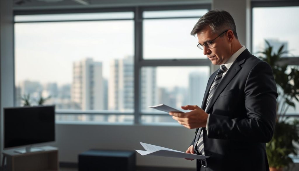 A professional business person standing in an office environment, contemplating the legal requirements for combining employment and retirement under a Umalis Group contract. The scene features a well-lit, minimalist office with a large window overlooking a cityscape in the background. The subject is dressed in formal attire, with a focused expression, considering documents or a digital device in their hands. The lighting is soft and balanced, creating a contemplative mood. The composition emphasizes the subject's pensive pose, suggesting the complexity of navigating employment and retirement regulations in the context of a Umalis Group portage salarial arrangement.