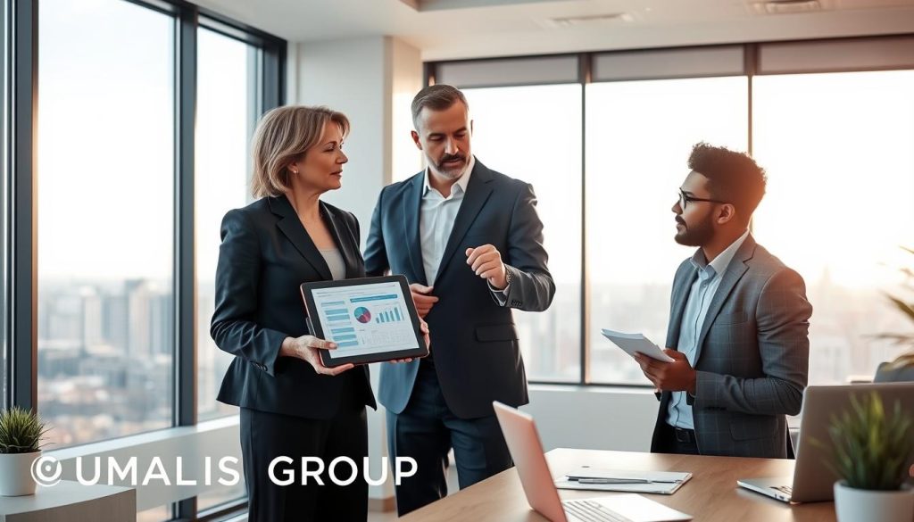 A professional business plan consultant, standing confidently in a modern office space, engages in discussion with a diverse client. The consultant, a middle-aged woman in a sharp navy suit, gestures toward a digital tablet displaying graphs and charts. The client, a young man in smart casual attire, listens intently, with a notepad in hand. In the background, a large window reveals a city skyline, suggesting a vibrant business environment. Soft natural light filters through, creating a warm atmosphere, while a contemporary desk equipped with laptops, documents, and a plant completes the scene. The overall mood is one of collaboration and determination, reflecting the journey of becoming an independent consultant. Include the brand name "UMALIS GROUP" subtly in the background, ensuring it blends with the professional setting but remains identifiable.