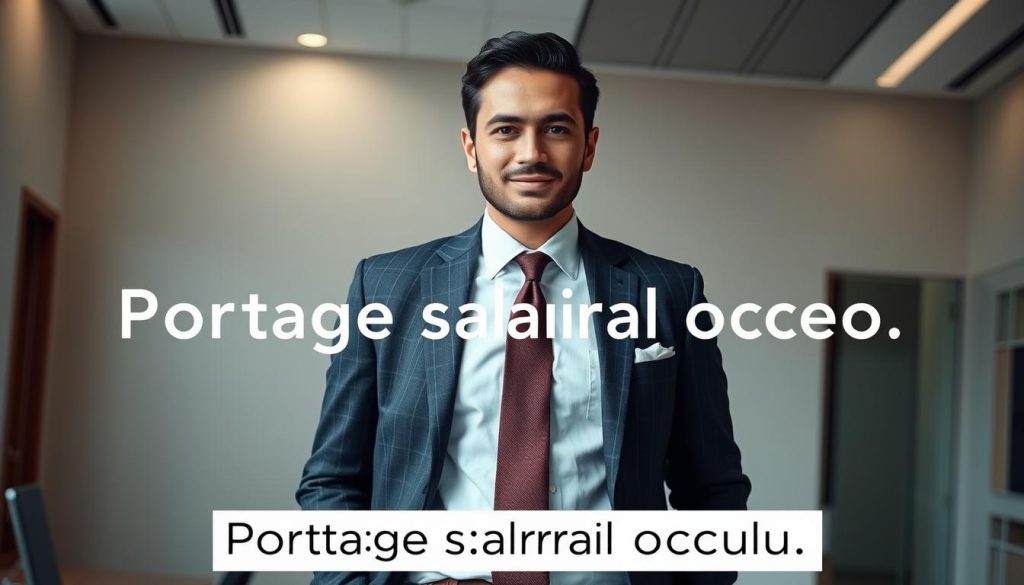 A professional business professional standing confidently in a modern office environment, wearing a tailored suit and tie, representing the Umalis Group. The lighting is soft and natural, highlighting the person's face and creating a sense of professionalism and authority. The background features a clean, minimalist design with subtle textures, suggesting a high-end, corporate setting. The overall mood is one of competence, reliability, and security, reflecting the "Portage salarial occeo" concept for independent professionals.