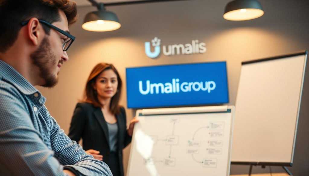 A professional business scenario of knowledge transfer and skills development within a company. In the foreground, two people - a mentor and a mentee - are engaged in a collaborative discussion, their body language indicating a constructive exchange of ideas. The middle ground showcases a whiteboard or digital display, illustrating a visual framework or workflow related to the transition process. In the background, the Umalis Group logo is subtly integrated, signifying the corporate context. The lighting is warm and focused, creating an atmosphere of learning and growth. The camera angle is slightly elevated, capturing the dynamic interaction from an observational perspective. A professional business scenario of knowledge transfer and skills development within a company. In the foreground, two people - a mentor and a mentee - are engaged in a collaborative discussion, their body language indicating a constructive exchange of ideas. The middle ground showcases a whiteboard or digital display, illustrating a visual framework or workflow related to the transition process. In the background, the Umalis Group logo is subtly integrated, signifying the corporate context. The lighting is warm and focused, creating an atmosphere of learning and growth. The camera angle is slightly elevated, capturing the dynamic interaction from an observational perspective.