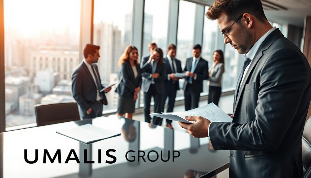 A professional business scene capturing the essence of "salarié porté." In the foreground, a confident individual in a tailored suit is reviewing documents at a sleek modern office desk, symbolizing independence and responsibility. In the middle ground, a diverse team of professionals, all dressed in business attire, are engaged in a discussion about employment contracts and responsibilities, embodying collaboration and trust. The background features a panoramic office view of a bustling city, with soft daylight filtering through large windows, creating a warm and inviting atmosphere. Use a wide-angle lens to capture the depth of the scene, and ensure the lighting emphasizes the seriousness yet optimism of career independence. The brand name “UMALIS GROUP” subtly integrated into a document in the foreground. A professional business scene capturing the essence of "salarié porté." In the foreground, a confident individual in a tailored suit is reviewing documents at a sleek modern office desk, symbolizing independence and responsibility. In the middle ground, a diverse team of professionals, all dressed in business attire, are engaged in a discussion about employment contracts and responsibilities, embodying collaboration and trust. The background features a panoramic office view of a bustling city, with soft daylight filtering through large windows, creating a warm and inviting atmosphere. Use a wide-angle lens to capture the depth of the scene, and ensure the lighting emphasizes the seriousness yet optimism of career independence. The brand name “UMALIS GROUP” subtly integrated into a document in the foreground.