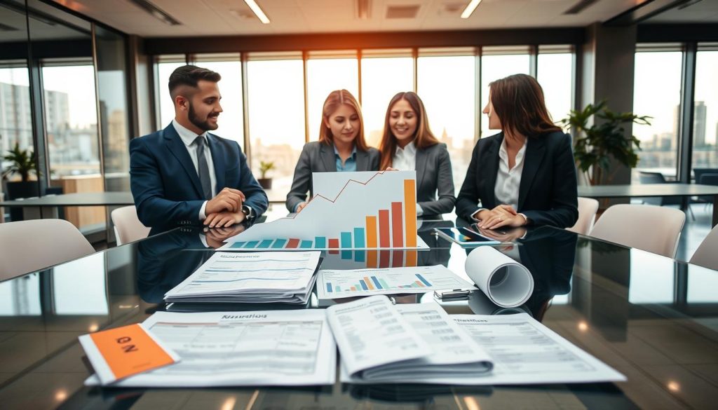 A professional business scene depicting "Chiffre d’affaires et salaire en portage salarial," with a focus on financial clarity. In the foreground, a diverse group of three professionals in business attire discuss financial charts and graphs on a sleek glass table, showing a clear upward trend in 'Chiffre d’affaires'. In the middle ground, visual representations of salary figures and costs like receipts and invoices are arranged neatly, symbolizing transparency in portage salarial. The background features a modern office environment with large windows letting in warm, natural light, creating a productive atmosphere. The entire scene is composed with a dynamic angle, emphasizing collaboration and focus, embodying the professionalism of UMALIS GROUP.