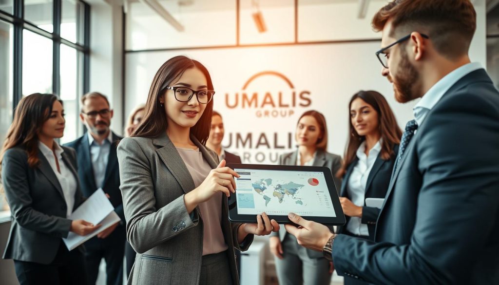 A professional business scene depicting a diverse group of individuals, dressed in professional business attire, engaged in a dynamic discussion about strategies for finding freelance missions and expanding their professional networks. In the foreground, a confident woman gestures as she points to a digital tablet displaying graphs and maps, while a group of men and women attentively listen and take notes. The middle ground features a modern office environment with large windows allowing natural light to flood the space, creating a bright and inviting atmosphere. In the background, the logo "UMALIS GROUP" is subtly integrated into the decor of the office. The overall mood is collaborative and inspiring, showcasing the energy of entrepreneurship and the consultant lifestyle. The perspective is slightly elevated, capturing the scene from a three-quarters angle to give depth to the composition.