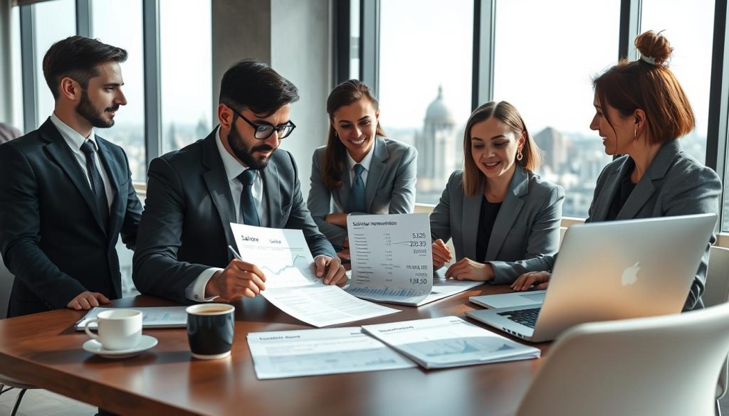 A professional business scene depicting a diverse group of individuals in smart business attire engaged in a dynamic discussion around a table. In the foreground, a man and a woman are analyzing charts and documents related to "salaire," "salarié," and "rémunération," illustrating financial aspects of international freelance work. In the middle, there are laptops open with digital graphs showing currency exchanges and profit margins, and a casual coffee cup nearby to evoke a friendly atmosphere. The background features a modern office space with large windows showcasing a city skyline, bright natural light pouring in. The mood is collaborative and focused, with a hint of excitement for international business opportunities. Incorporate the logo of UMALIS GROUP subtly on one of the documents. A professional business scene depicting a diverse group of individuals in smart business attire engaged in a dynamic discussion around a table. In the foreground, a man and a woman are analyzing charts and documents related to "salaire," "salarié," and "rémunération," illustrating financial aspects of international freelance work. In the middle, there are laptops open with digital graphs showing currency exchanges and profit margins, and a casual coffee cup nearby to evoke a friendly atmosphere. The background features a modern office space with large windows showcasing a city skyline, bright natural light pouring in. The mood is collaborative and focused, with a hint of excitement for international business opportunities. Incorporate the logo of UMALIS GROUP subtly on one of the documents.