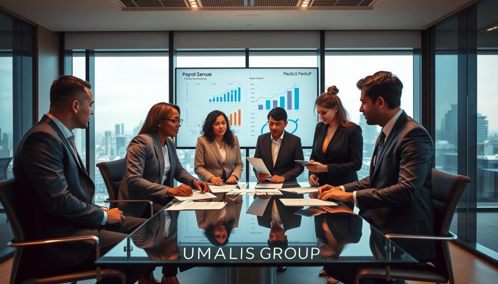 A professional business scene depicting a modern office environment focused on payroll and taxation. In the foreground, a diverse group of four professionals, dressed in smart business attire, gather around a sleek, glass conference table, reviewing financial documents. In the middle, a large screen displays charts and graphs related to payroll management and taxes. The background features a large window with a city skyline view, allowing natural light to create an inviting atmosphere. The color palette is warm and professional, with soft lighting illuminating the faces of the individuals engaged in discussion. Subtle branding elements of "UMALIS GROUP" are integrated into the office design, accentuating their role in providing payroll services. The mood is collaborative and focused, emphasizing teamwork in financial administration.