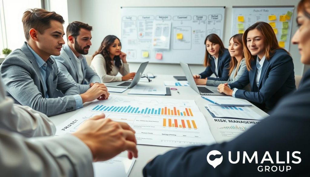 A professional business scene depicting a project planning meeting, featuring a diverse group of individuals in business attire, engaged in a discussion around a large table filled with documents, charts, and laptops, centered on risk management and project timelines. In the foreground, a close-up of hands pointing at a detailed project plan on paper, with graphs showing timelines and potential risks. The middle ground showcases focused expressions on the team members’ faces, capturing their determination and collaboration. The background includes a whiteboard filled with diagrams and sticky notes highlighting key risks and contingencies. Soft, natural light filters through a nearby window, creating an encouraging atmosphere, symbolizing proactive planning. The logo "UMALIS GROUP" is subtly integrated into the scene.