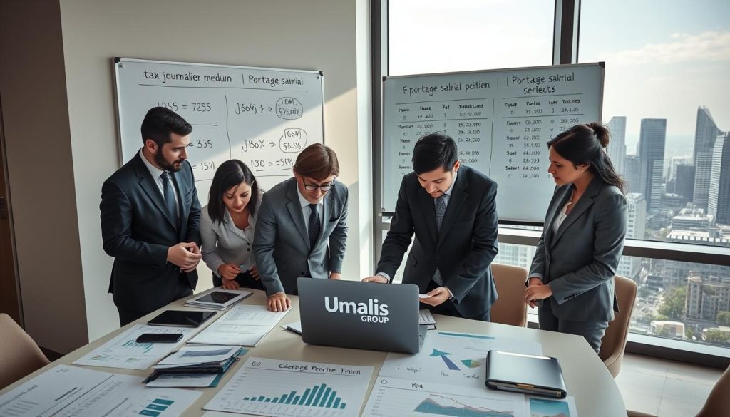 A professional business scene depicting a "taux journalier moyen" concept in an elegant office setting. In the foreground, a diverse group of professionals in smart business attire, including men and women of various ethnicities, collaborate over a large table covered with graphs, charts, and a laptop displaying financial data. In the middle, a large window lets in natural light, casting soft shadows and illuminating the workspace. On the wall, a whiteboard displays key calculations and pricing methodologies related to portage salarial. The background features a modern city skyline visible through the window, symbolizing growth and opportunity. The overall mood is focused, professional, and collaborative, reflecting the essence of business financial planning. Brand name "Umalis Group" subtly placed on the laptop screen.