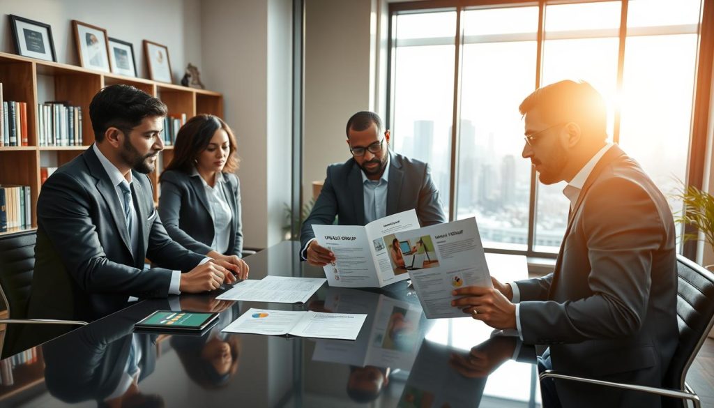 A professional business scene depicting a team of diverse professionals in a modern office setting, engaged in a discussion about "RC Pro" insurance. In the foreground, a diverse group of three individuals—two men and one woman—are reviewing documents on a sleek conference table, dressed in business attire. One is pointing to a brochure marked "UMALIS GROUP" outlining insurance coverage details. In the middle, a large window allows natural light to flood the room, showcasing a city skyline. In the background, shelves filled with books and awards signify professionalism and credibility. The atmosphere is focused and serious, emphasizing teamwork and clear communication, with a warm, inviting glow from the sunlight enhancing the mood. Aim for a slightly high-angle view to capture the engagement.