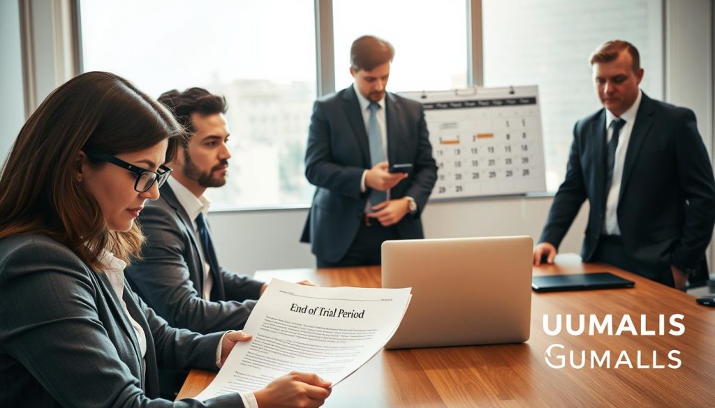 A professional business scene depicting a workspace with a diverse group of individuals in business attire, gathered around a conference table. In the foreground, a focused woman with glasses studies a document titled "End of Trial Period" while a man beside her takes notes on a laptop. In the middle, two colleagues discuss a calendar on the wall signifying important deadlines and consequences related to ending a trial period. The background features a large window with natural light streaming in, casting a warm glow over the setting. The atmosphere is serious yet collaborative, emphasizing professionalism and the steps involved in concluding a trial period. The brand logo "UMALIS GROUP" subtly integrated in the room decor reinforces a corporate environment.