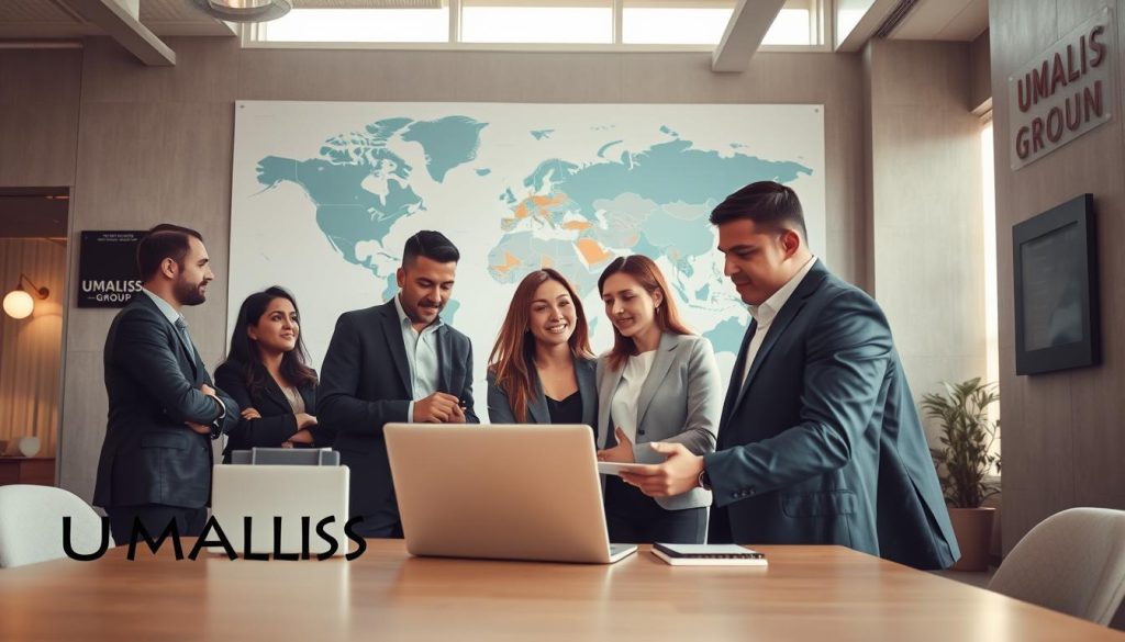 A professional business scene depicting international freelance workers discussing the conditions for working abroad. In the foreground, a diverse group of professionals in business attire, engaged in an animated conversation over a laptop, showcasing collaboration. The middle ground features a large world map on the wall, highlighting various countries with specific indicators for working conditions. The background presents a modern office environment, with natural light streaming through large windows, casting a warm glow. The atmosphere is energetic yet focused, reflecting a sense of opportunity and security. Emphasize a clean, professional aesthetic to resonate with themes of international portability. Include branding subtly in the decor, with the logo of "UMALIS GROUP" featured on a wall plaque.
