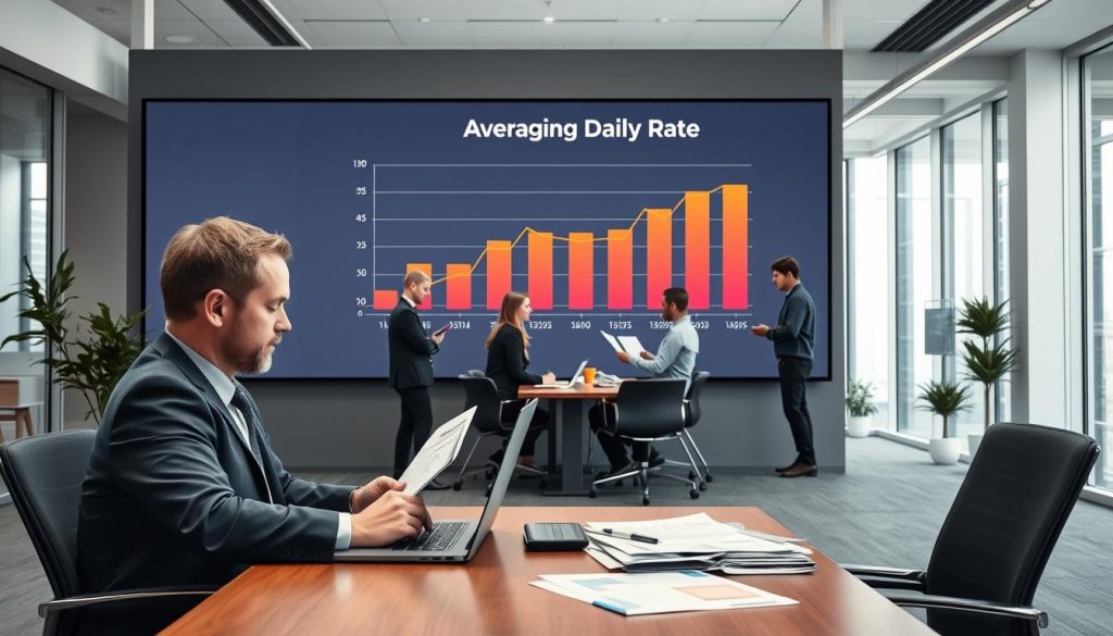 A professional business scene depicting the average daily rate for engineers. In the foreground, a well-dressed engineer sits at a desk, reviewing financial documents and a laptop screen. Behind them, a large wall display shows a graph visualizing the average daily rate data. The middle ground features a team of engineers collaborating, discussing project details. The background showcases the modern, minimalist office space of the Umalis Group, with floor-to-ceiling windows allowing natural light to flood the scene. The overall mood is one of professionalism, productivity, and data-driven decision making.