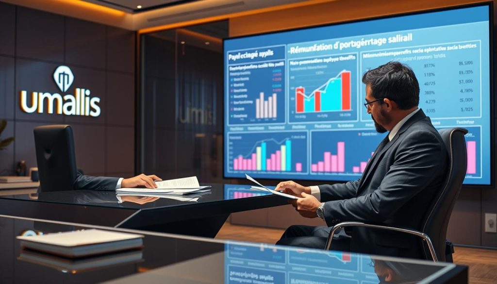 A professional business scene depicting the concept of "rémunération portage salarial". In the foreground, a well-dressed executive sits at a sleek, modern desk, reviewing documents related to payroll and employee benefits. The middle ground features a large display screen showing financial charts and graphs, highlighting key metrics around minimum compensation and social security thresholds. The background includes the Umalis Group logo, conveying a sense of a well-established, reputable company providing expertise in this domain. Warm, directional lighting illuminates the scene, creating a professional, authoritative atmosphere.