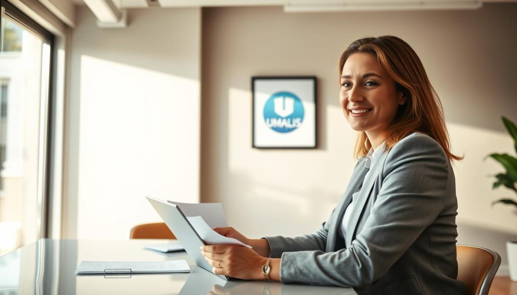 A professional business scene depicting the concept of the "régime général de la Sécurité sociale." In the foreground, a confident woman in business attire is discussing social security benefits with a colleague. Both are engaged in a friendly conversation at a modern office table, with documents and a laptop in front of them. The middle ground showcases a vibrant office environment with large windows allowing natural light to flood the room, highlighting the professionalism and collaborative spirit. In the background, a wall displays a framed logo of "UMALIS GROUP," reinforcing the theme of social protection and employment security. The atmosphere is optimistic, emphasizing the importance of legal and health protections for employees in a modern workspace. Use soft, natural lighting to create a warm yet focused ambiance.