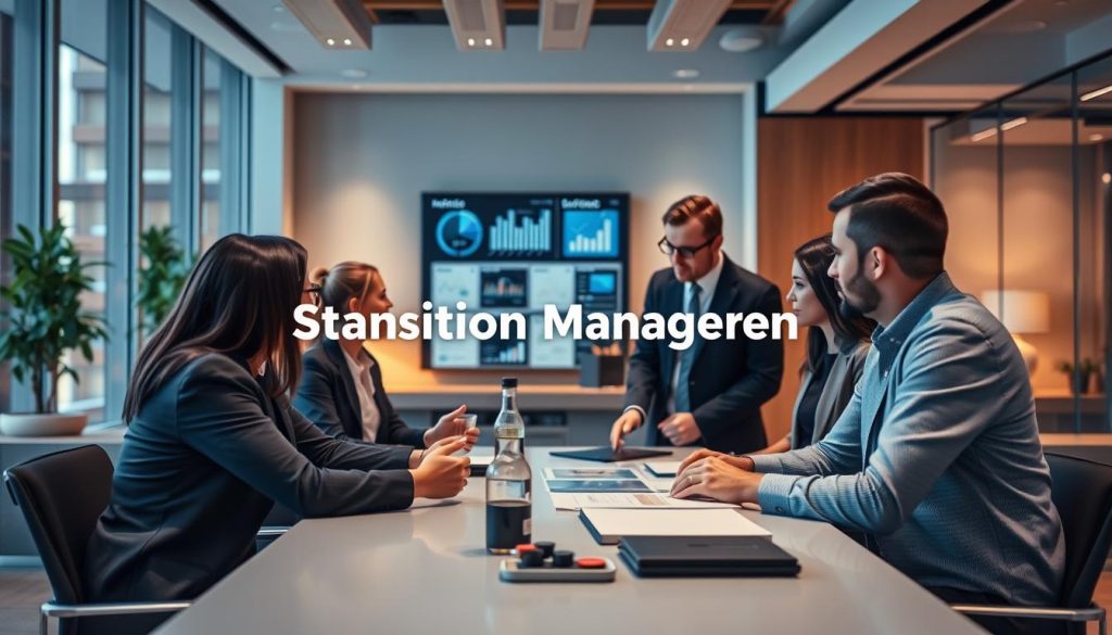 A professional business scene depicting the role and value of transition management, showcasing the Umalis Group brand. In the foreground, a team of executives engaged in a collaborative meeting, discussing strategy and solutions. The middle ground features visual aids and digital displays, highlighting key metrics and insights. The background evokes a modern, well-appointed office environment with sleek furnishings and warm lighting, conveying a sense of productivity and innovation. The overall atmosphere is one of thoughtful deliberation, strategic focus, and the collective expertise of the Umalis Group transition management professionals. A professional business scene depicting the role and value of transition management, showcasing the Umalis Group brand. In the foreground, a team of executives engaged in a collaborative meeting, discussing strategy and solutions. The middle ground features visual aids and digital displays, highlighting key metrics and insights. The background evokes a modern, well-appointed office environment with sleek furnishings and warm lighting, conveying a sense of productivity and innovation. The overall atmosphere is one of thoughtful deliberation, strategic focus, and the collective expertise of the Umalis Group transition management professionals.