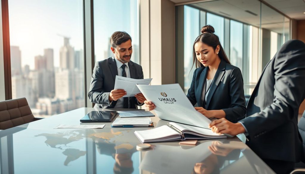A professional business scene depicting two diverse individuals in smart business attire, engaged in a discussion at a modern office environment. In the foreground, focus on a male consultant and a female international worker, both analyzing documents and a laptop, symbolizing the choice between "detached" and "expatriate" statuses for international assignments. The middle layer features a sleek conference table dotted with travel documents and global maps, while the background includes large windows showing a city skyline, with clear blue skies and sunlight streaming in. The atmosphere is one of collaboration, purpose, and global opportunity. The brand "UMALIS GROUP" is subtly included in the documents. Use soft, natural lighting to enhance the professional and inviting mood. A professional business scene depicting two diverse individuals in smart business attire, engaged in a discussion at a modern office environment. In the foreground, focus on a male consultant and a female international worker, both analyzing documents and a laptop, symbolizing the choice between "detached" and "expatriate" statuses for international assignments. The middle layer features a sleek conference table dotted with travel documents and global maps, while the background includes large windows showing a city skyline, with clear blue skies and sunlight streaming in. The atmosphere is one of collaboration, purpose, and global opportunity. The brand "UMALIS GROUP" is subtly included in the documents. Use soft, natural lighting to enhance the professional and inviting mood.