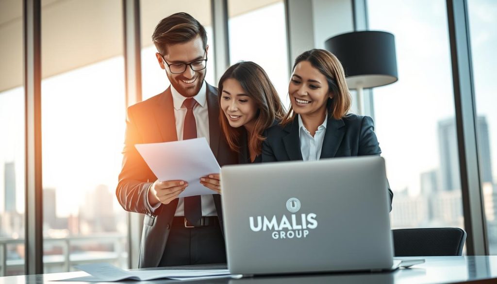 A professional business scene featuring a confident male and female consultant discussing project plans. The foreground shows the two individuals in smart business attire, analyzing papers and a laptop, representing the concept of “salarié porté.” The middle layer displays a modern office environment with large windows allowing natural light to illuminate the scene, casting soft shadows and highlighting their focused expressions. In the background, a city skyline can be seen, symbolizing professional growth and opportunities. The atmosphere is collaborative and productive, evoking a sense of security and support. Include a subtle logo of "UMALIS GROUP" on the laptop screen, enhancing the theme of professional protection and social security in freelance work. Use a wide-angle lens to capture the entire scene effectively.