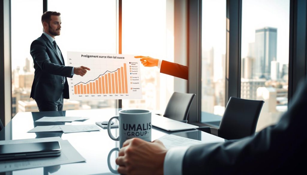 A professional business scene featuring a consultant presenting financial documents related to "prélèvement source," the withholding tax system. In the foreground, a neatly dressed consultant, male or female, in a smart suit, points to a graph on a laptop screen displaying tax deductions and income optimization strategies. In the middle, a modern office environment with a sleek desk, papers scattered about, and a coffee mug displaying the brand name "UMALIS GROUP." The background shows large windows with a city skyline in bright daylight, casting a warm glow across the room. The mood is focused and productive, highlighting efficiency and financial awareness. Capture the image with a slight low-angle shot, using soft lighting to enhance a professional atmosphere. A professional business scene featuring a consultant presenting financial documents related to "prélèvement source," the withholding tax system. In the foreground, a neatly dressed consultant, male or female, in a smart suit, points to a graph on a laptop screen displaying tax deductions and income optimization strategies. In the middle, a modern office environment with a sleek desk, papers scattered about, and a coffee mug displaying the brand name "UMALIS GROUP." The background shows large windows with a city skyline in bright daylight, casting a warm glow across the room. The mood is focused and productive, highlighting efficiency and financial awareness. Capture the image with a slight low-angle shot, using soft lighting to enhance a professional atmosphere.
