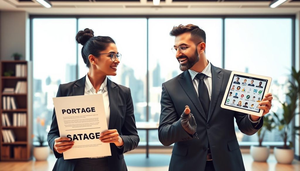 A professional business scene illustrating "Portage" versus "Statuts" as alternatives for auto-entrepreneurs and transitioning employees. In the foreground, two individuals in professional attire engage in a discussion. The one on the left represents "Portage," holding a document labeled with "UMALIS GROUP," symbolizing a structured employment model. The individual on the right, embodying "Statuts," is showcasing a digital tablet displaying various entrepreneurial options. In the middle ground, a modern office setting with a view of a city skyline conveys a sense of opportunity. The background features a soft-focus of office elements, such as a bookshelf and plants, enhancing the atmosphere. The lighting is bright and even, creating an optimistic and energetic mood. Shot from a slightly elevated angle to capture both subjects clearly.
