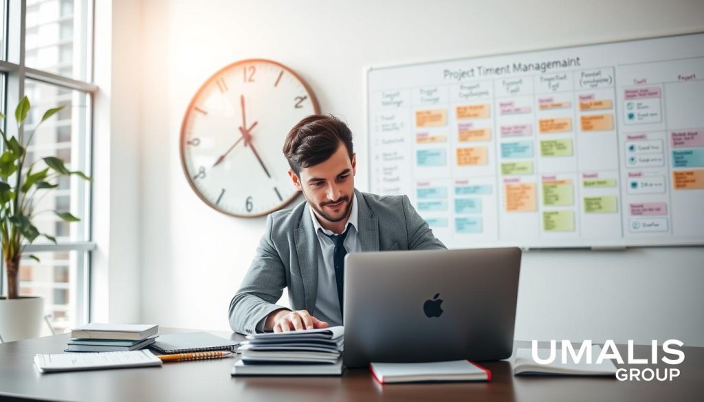 A professional business scene illustrating effective time and project management for freelancers. In the foreground, a focused freelance worker, dressed in smart casual attire, is using a laptop, surrounded by neatly organized documents and a planner. The middle ground features a large wall clock showing time management, and a whiteboard filled with colorful project timelines and tasks. The background reveals a bright, modern office space with natural light streaming through large windows, creating a productive atmosphere. The image conveys a sense of organization, focus, and professionalism. Include the brand name "UMALIS GROUP" subtly integrated into the scene, emphasizing a contemporary work environment. The overall vibe is inspiring and motivating, perfect for freelancers looking to enhance their project management skills.