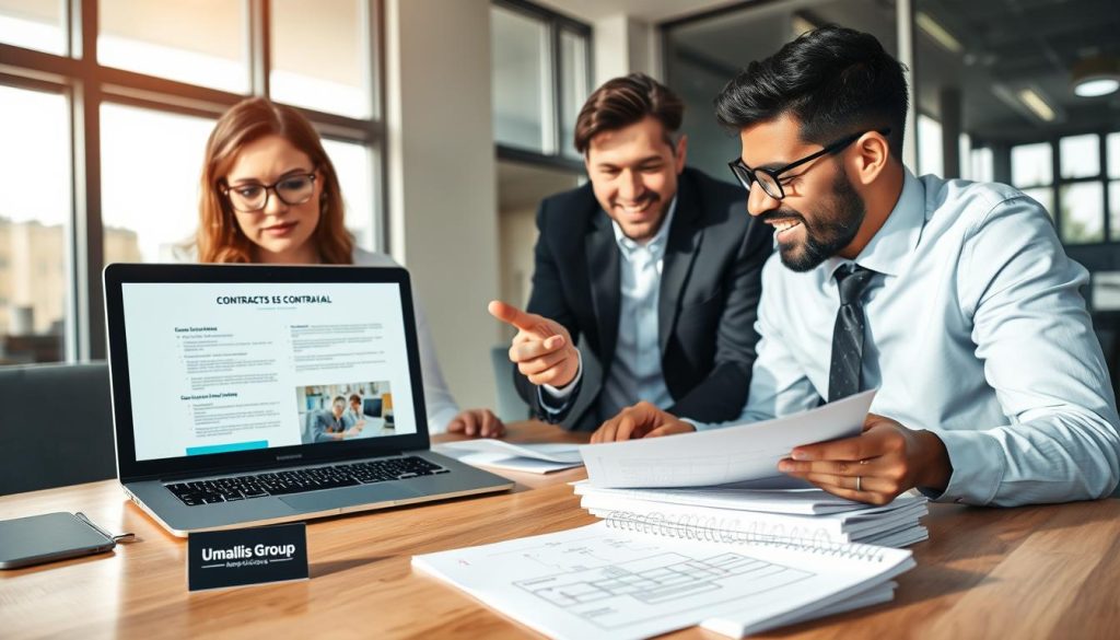 A professional business scene illustrating "modalités contrats portage salarial" featuring a diverse group of three individuals in business attire engaged in a discussion around a table stacked with documents and digital devices. In the foreground, a focused woman with glasses is pointing at a laptop screen displaying contract details, while a man is reviewing a printed document enthusiastically. The middle ground shows a notepad with sketches of contract terms. The background consists of a modern office environment with soft, natural lighting coming through large windows, casting gentle shadows. The atmosphere is collaborative and professional, highlighting clarity and engagement. A subtle branding element of "Umalis Group" is incorporated into a business card on the table.