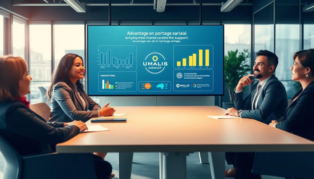 A professional business scene illustrating the advantages of "portage salarial" with a focus on collaboration and support. In the foreground, depict a diverse group of three professionals in business attire engaged in a dynamic discussion around a conference table, their expressions reflecting confidence and optimism. In the middle ground, showcase a large digital screen displaying graphics related to employment trends and freelance success, with a focus on the logo of UMALIS GROUP prominently featured. The background should include a bright, modern office environment with large windows allowing natural light to flood in, emphasizing a productive atmosphere. Use soft, warm lighting to create an inviting feel, and the camera angle should be slightly elevated to capture both the group interaction and the vibrant office details. The mood should be positive and empowering, highlighting the benefits and opportunities of portage salarial. A professional business scene illustrating the advantages of "portage salarial" with a focus on collaboration and support. In the foreground, depict a diverse group of three professionals in business attire engaged in a dynamic discussion around a conference table, their expressions reflecting confidence and optimism. In the middle ground, showcase a large digital screen displaying graphics related to employment trends and freelance success, with a focus on the logo of UMALIS GROUP prominently featured. The background should include a bright, modern office environment with large windows allowing natural light to flood in, emphasizing a productive atmosphere. Use soft, warm lighting to create an inviting feel, and the camera angle should be slightly elevated to capture both the group interaction and the vibrant office details. The mood should be positive and empowering, highlighting the benefits and opportunities of portage salarial.