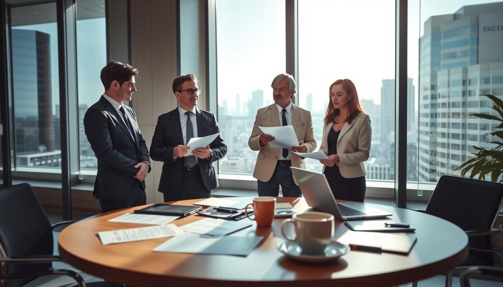 A professional business scene illustrating the concept of "relation triangulaire portage salarial." In the foreground, three individuals in smart business attire—two professionals (a man and a woman) discussing strategies, and a third individual, a representative from UMALIS GROUP, presenting documents. In the middle, a large round table covered with paperwork, laptops, and a coffee cup, symbolizing collaboration. The background features large windows with natural light streaming in, casting soft shadows, and a city skyline outside, creating a dynamic atmosphere of ambition and professionalism. The mood is focused and optimistic, conveying the advantages of the "salarié porté" status. Use a slight depth of field to emphasize the subjects while keeping the background lightly blurred. A professional business scene illustrating the concept of "relation triangulaire portage salarial." In the foreground, three individuals in smart business attire—two professionals (a man and a woman) discussing strategies, and a third individual, a representative from UMALIS GROUP, presenting documents. In the middle, a large round table covered with paperwork, laptops, and a coffee cup, symbolizing collaboration. The background features large windows with natural light streaming in, casting soft shadows, and a city skyline outside, creating a dynamic atmosphere of ambition and professionalism. The mood is focused and optimistic, conveying the advantages of the "salarié porté" status. Use a slight depth of field to emphasize the subjects while keeping the background lightly blurred.