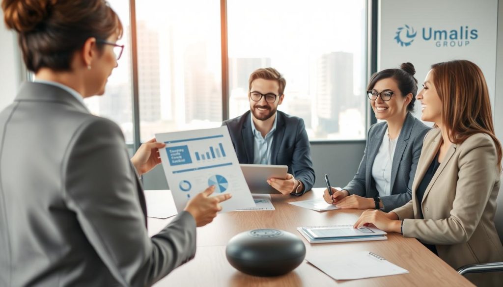 A professional business scene illustrating the concept of "social coverage in portage salarial," featuring a diverse group of people engaged in a discussion around a modern conference table. In the foreground, a middle-aged woman in a business suit gestures while presenting an infographic on social security benefits. The middle ground displays a young man with glasses taking notes on a tablet, and a woman in smart casual attire smiling while contributing ideas. The background includes large windows with a cityscape view, providing natural light that creates a warm and inviting atmosphere. Soft focus on the background enhances the feeling of collaboration and professionalism. Include subtle branding elements of "Umalis Group" in the decor, such as a logo on a wall or paperwork. The overall mood should convey confidence, teamwork, and clarity.