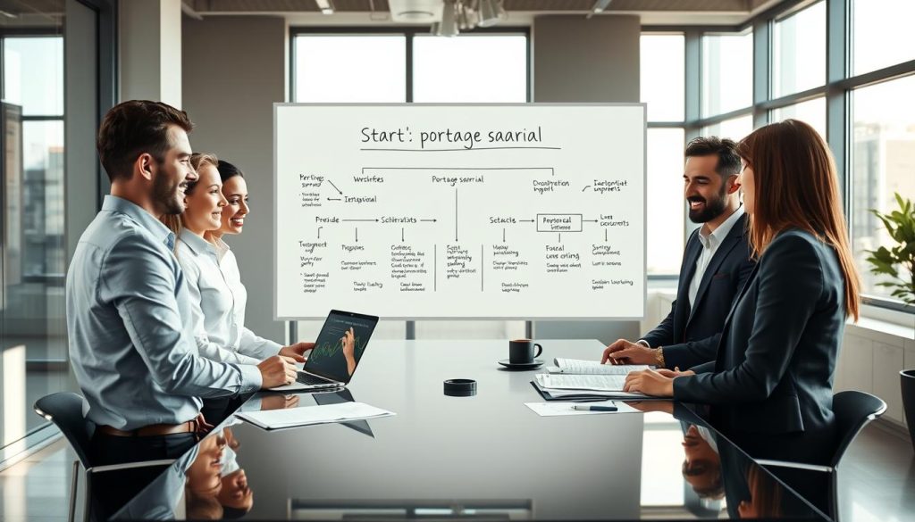 A professional business scene illustrating the key steps to start "portage salarial." In the foreground, a diverse group of four professionals in business attire are engaged in a collaborative discussion around a sleek conference table. They are surrounded by relevant documents, a laptop displaying charts, and a digital tablet, symbolizing planning and strategy. The middle ground features a large whiteboard filled with keywords and flowcharts depicting the key stages of "portage salarial." In the background, large windows let in natural light, creating a bright and optimistic atmosphere. The overall mood is focused yet innovative, emphasizing professionalism and teamwork. Incorporate subtle branding elements of "Umalis Group" in the office decor. The scene should be shot from a slightly elevated angle to capture the collaboration effectively. A professional business scene illustrating the key steps to start "portage salarial." In the foreground, a diverse group of four professionals in business attire are engaged in a collaborative discussion around a sleek conference table. They are surrounded by relevant documents, a laptop displaying charts, and a digital tablet, symbolizing planning and strategy. The middle ground features a large whiteboard filled with keywords and flowcharts depicting the key stages of "portage salarial." In the background, large windows let in natural light, creating a bright and optimistic atmosphere. The overall mood is focused yet innovative, emphasizing professionalism and teamwork. Incorporate subtle branding elements of "Umalis Group" in the office decor. The scene should be shot from a slightly elevated angle to capture the collaboration effectively.