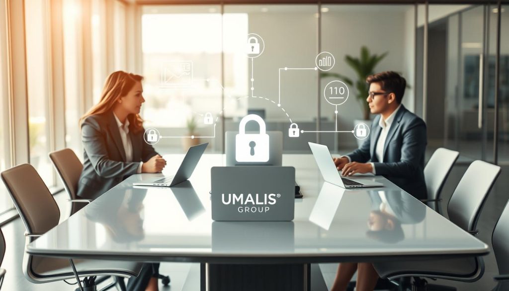 A professional business scene illustrating the roles and data protection in portage salarial. In the foreground, a diverse group of three professionals in business attire (a consultant, a client representative, and a portage company representative) are engaged in a discussion around a sleek conference table with laptops open. In the middle ground, information flow visuals such as data streams and locks represent data protection. The background features a modern office setting with large windows, softly diffused natural light creating a warm atmosphere. The mood is focused and collaborative, emphasizing the importance of data privacy in business relationships. The brand name "UMALIS GROUP" is subtly integrated into the design of the conference table.