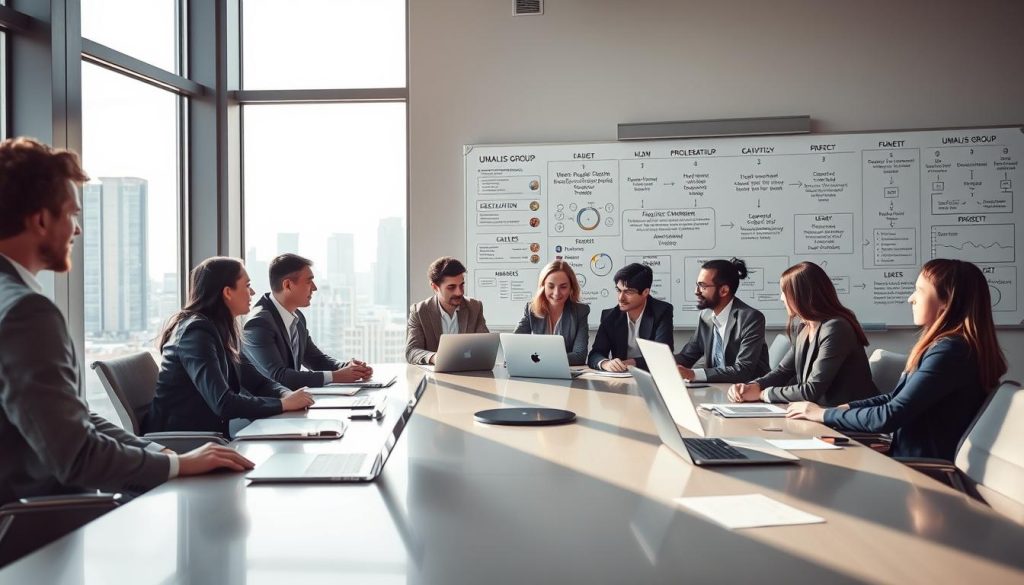 A professional business scene illustrating "إدارة النشاط المهني" with a focus on collaboration and facilitation. In the foreground, a diverse group of professionals, dressed in business attire, are engaged in a dynamic conversation around a modern conference table, with laptops and documents scattered about. The middle ground features a large window showcasing a cityscape, allowing natural light to flood the room, casting soft shadows. The background includes a whiteboard filled with charts and diagrams about project management and professional activities, highlighting organization and planning. The atmosphere is focused and productive, embodying innovation and teamwork. The branding of "Umalis Group" can be subtly integrated into the room's design, adding a contemporary touch. The shot is captured from a slightly elevated angle, emphasizing the collaborative spirit of the scene. A professional business scene illustrating "إدارة النشاط المهني" with a focus on collaboration and facilitation. In the foreground, a diverse group of professionals, dressed in business attire, are engaged in a dynamic conversation around a modern conference table, with laptops and documents scattered about. The middle ground features a large window showcasing a cityscape, allowing natural light to flood the room, casting soft shadows. The background includes a whiteboard filled with charts and diagrams about project management and professional activities, highlighting organization and planning. The atmosphere is focused and productive, embodying innovation and teamwork. The branding of "Umalis Group" can be subtly integrated into the room's design, adding a contemporary touch. The shot is captured from a slightly elevated angle, emphasizing the collaborative spirit of the scene.