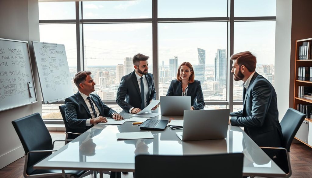 A professional business scene in a modern office setting, showcasing individuals engaged in discussions about "portage salarial" opportunities. In the foreground, a diverse group of three professionals—two men and one woman—dressed in smart business attire, are gathered around a sleek conference table filled with documents and laptops. In the middle ground, a large window reveals a vibrant cityscape outside, symbolizing growth and opportunity. Natural light streams in, illuminating the room and creating a productive atmosphere. Background elements include a whiteboard filled with brainstorming notes and a shelf of business books, enhancing the professional setting. The composition conveys motivation and collaboration, inspiring viewers to explore mission opportunities in the world of portage salarial.
